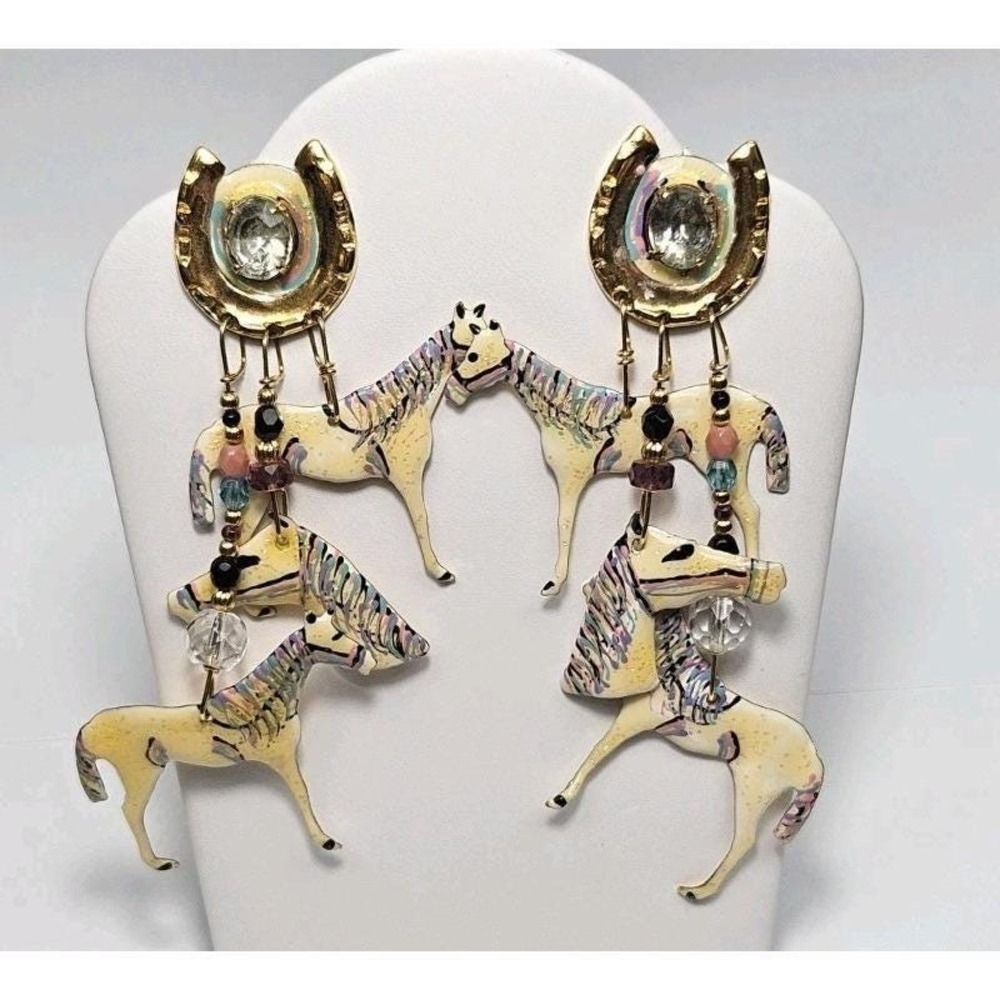 Vtg 1989 Lunch at the Ritz "Thoroughbred" Horse Earrings Multi-Tiered Dangle